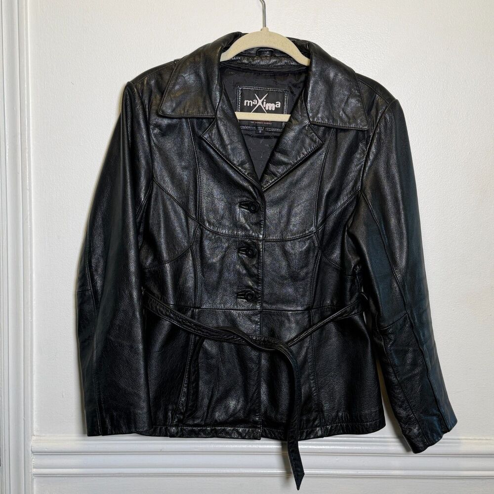 Wilsons Maxima Black Leather Jacket Womens Small Belted Button Front Coat